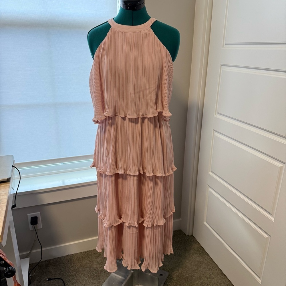 Light Pink Tiered Ruffle High Neck Midi Bridesmaid Dress Party Large Spring